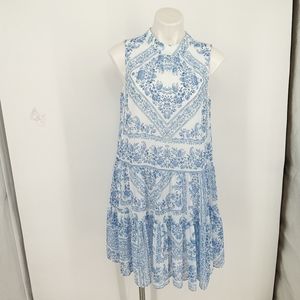Calvin Klein White & Blue Polyester Chiffon Flounce Dress, Size 10,